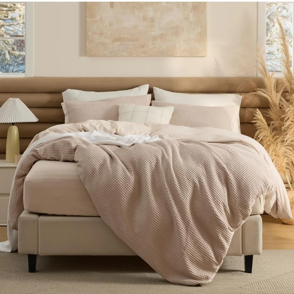 Bedsure 100% Cotton Duvet Cover Shams Queen 3 Pieces Khaki Waffle New